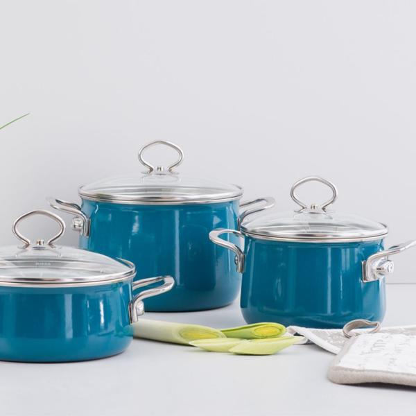 Riess Stielkasserolle mit Glasdeckel, Nouvelle Aquamarin Extra Stark